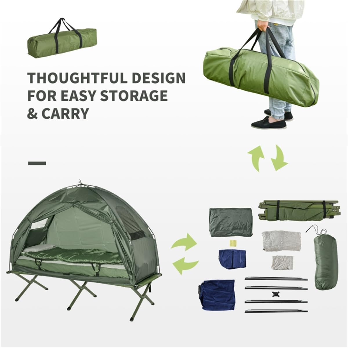 Portable Multifunctional Folding Camping Cots for Adults,Elevated Tent with Sleeping Bag,Thick Air Mattress Pad,Single Sleeping Cot Camping Bed,Hiking Beach