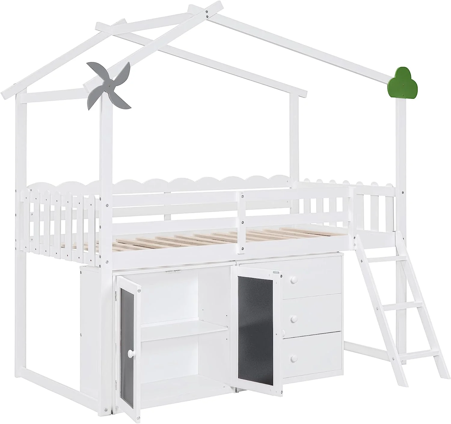 Momspeace Twin Size Loft Bed with Storage Cabinet and 3 Drawers, House Loft Bunk Beds with Roof, Black Boards and Guardrail - White