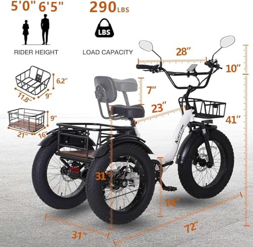 Electric Tricycle for Adults, 750W(Peak 1350W), 48V13Ah Ebike, 20"x4.0" Aluminum Folding Fat Tire 3 Wheel Electric Trike, Max 20MPH Hydraulic Brake, Rear Motor Differential