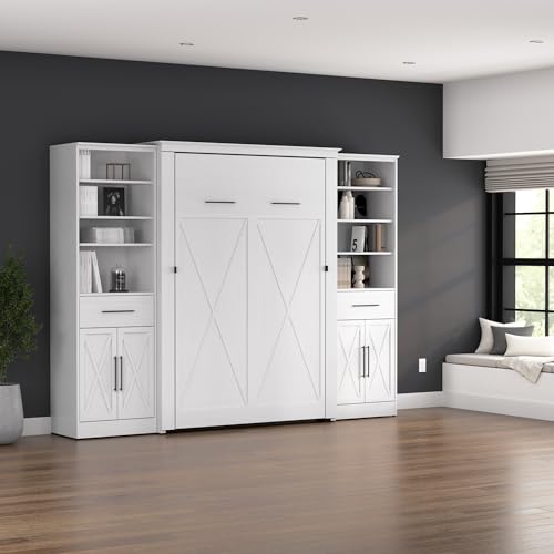 Bestar Key West Full Murphy Bed and Closet Organizers with Doors and Drawers (113W) Space-Saving Sleeping Arrangement for Multipurpose Area, Bedroom, Guest Room, or Living Room in Pure White Oak