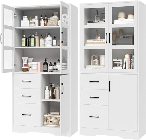 HIFIT 2 Pack Tall Bookshelves and Bookcases with Glass Display Cabinet Doors and 3 Drawers, Floor Standing Wood Storage Cabinet with Shelves, Modern Cabinet for Home Office, Living Room, Study, Black