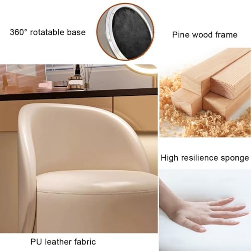 PU Leather Upholstered Dressing Stool, Vanity Stool with 360° Rotatable Base, Wood Frame Vanity Chair, Round Ottoman Foot Stool for Bedroom, Living Room, Entryway, Offices(Brown)