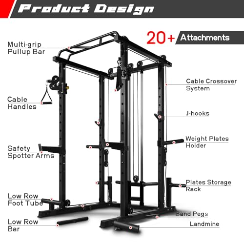 RitFit Multi-Function Squat Rack Power Cage PPC03 with Cable Crossover System, 1000LBS Capacity Power Rack and Packages with Optional Weight Bench, Barbell Weight Set, for Garage Workout & Home Gym