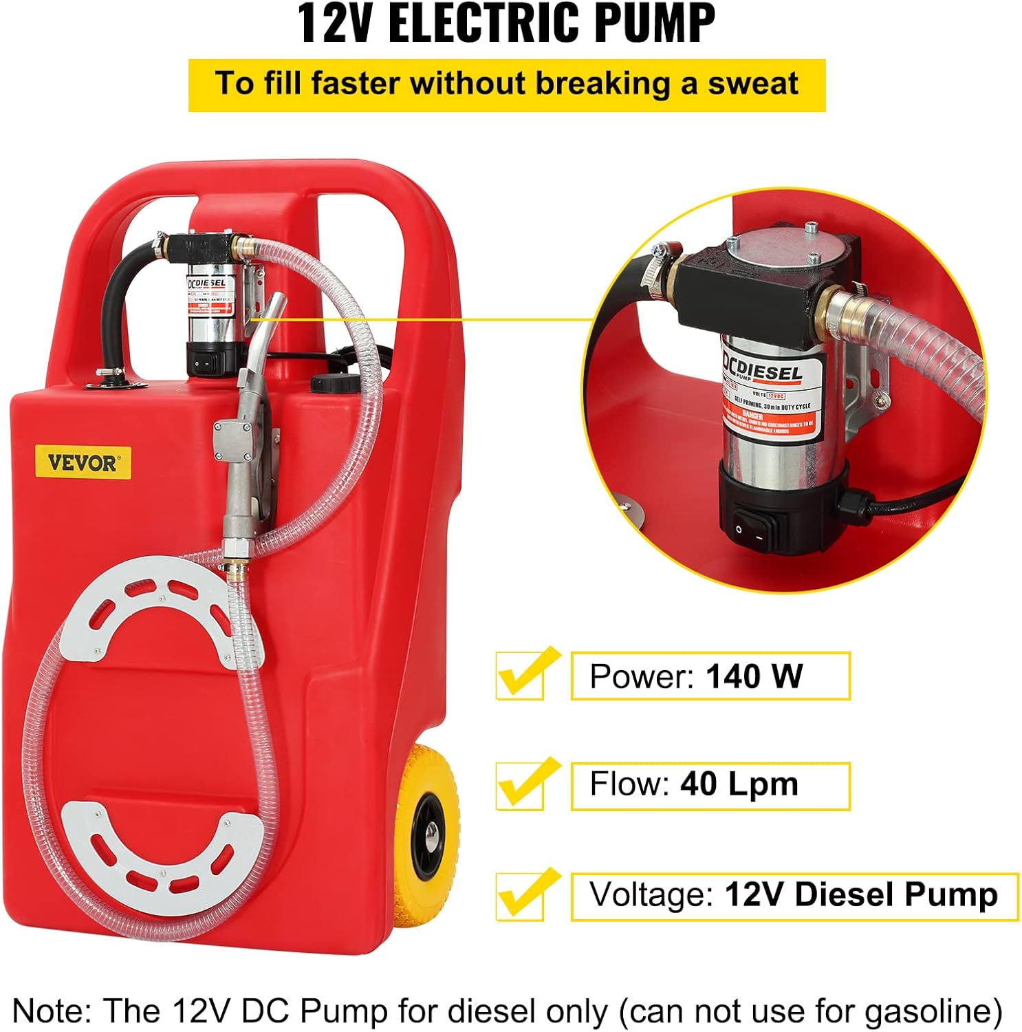 VEVOR Fuel Caddy, 32 Gallon, Portable Fuel Storage Tank On-Wheels, with 12V DC 140 W Transfer Pump (for Diesel Only), Diesel Fuel Container with 13 Ft Hose, Flow Rate 40L/min, for Trucks, Boats