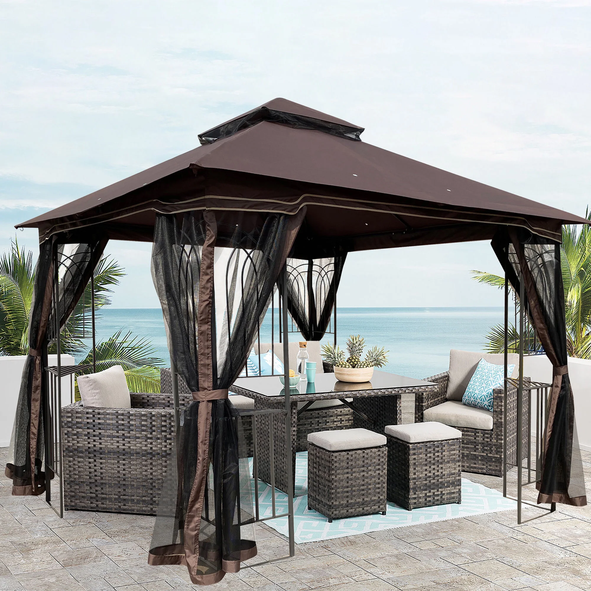 Dcenta 10x10 Outdoor Patio Gazebo Canopy Tent With Ventilated Double Roof And Mosquito net(Detachable Mesh Screen On All Sides),Suitable for Lawn, Garden, Backyard and Deck,Brown