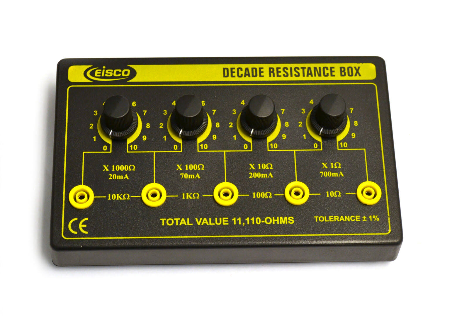 Eisco Labs 4 Decade Resistance Box, Variable from 0 - 11,110 Ohms, 0.5W Resistors (0.5555W Theoretical Max)