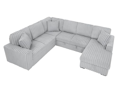 roomfitters 122 Inch Pull Out Couch, Rabbit Plush Fabric Sofa Bed with USB Ports & Comfy Upholstered, Oversized U Shape Sectional Sleeper Sofa Bed with Storage Chaise, Khaki
