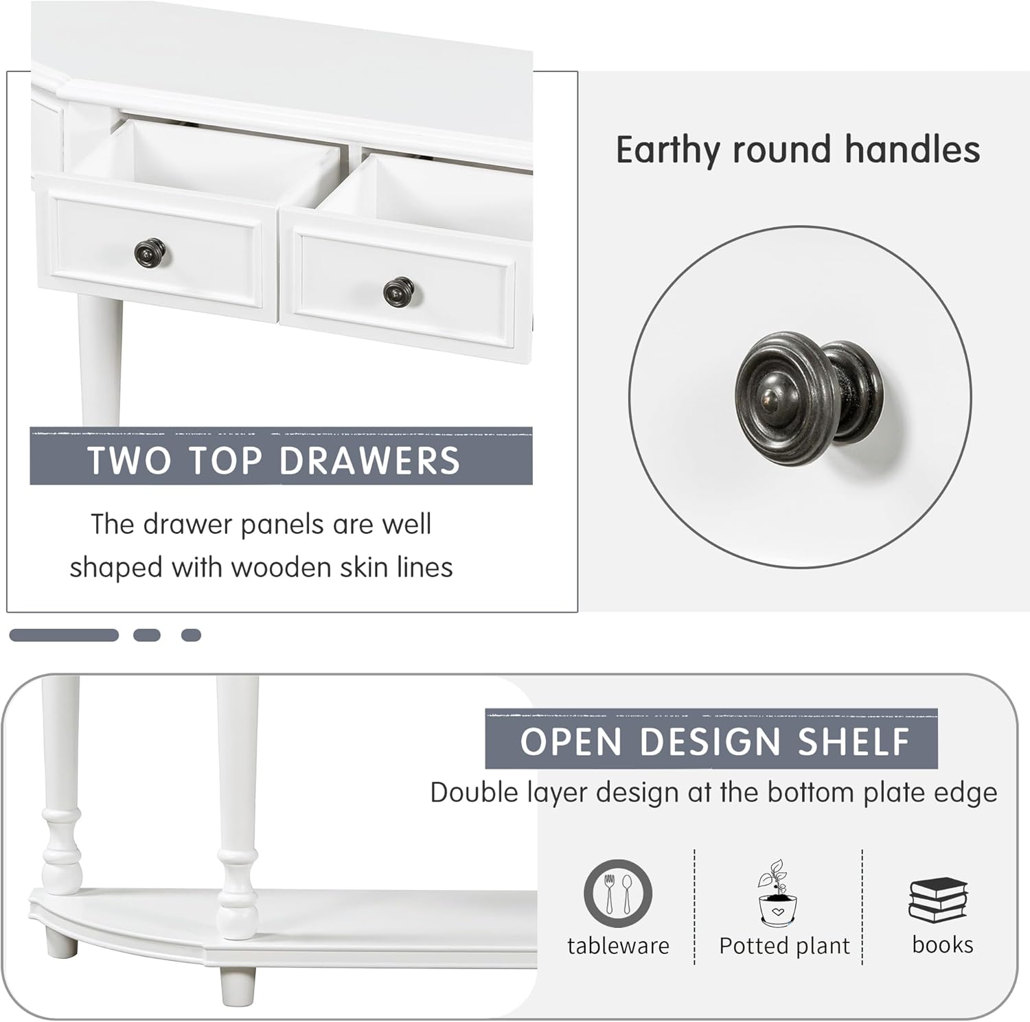 Storage Cabinet Retro Circular Curved Console Open Shelf and 2 Top Drawers, Half Moon Entry Solid Wooden Frame and Legs,Wood Sofa Tables, for Hallway, Living Room, White