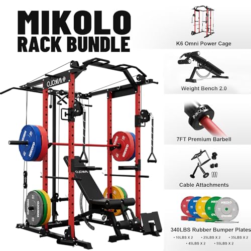 Mikolo Power Cage, Power Rack with Cable Crossover System, 1500LBS Squat Rack with LAT Pull Down System, Workout Cage with Pulley System for Fitness Home Gym