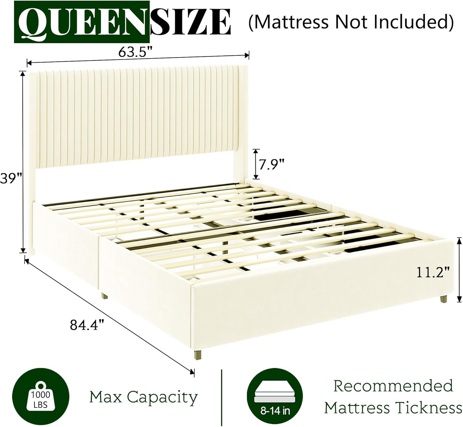 Dolonm Queen Size Upholstered Bed Frame, Platform Bed with Patented 4 Drawers Storage and Headboard, Button Tufted and Wingback Design, Mattress Foundation with Wooden Slats Support, Ivory Velvet
