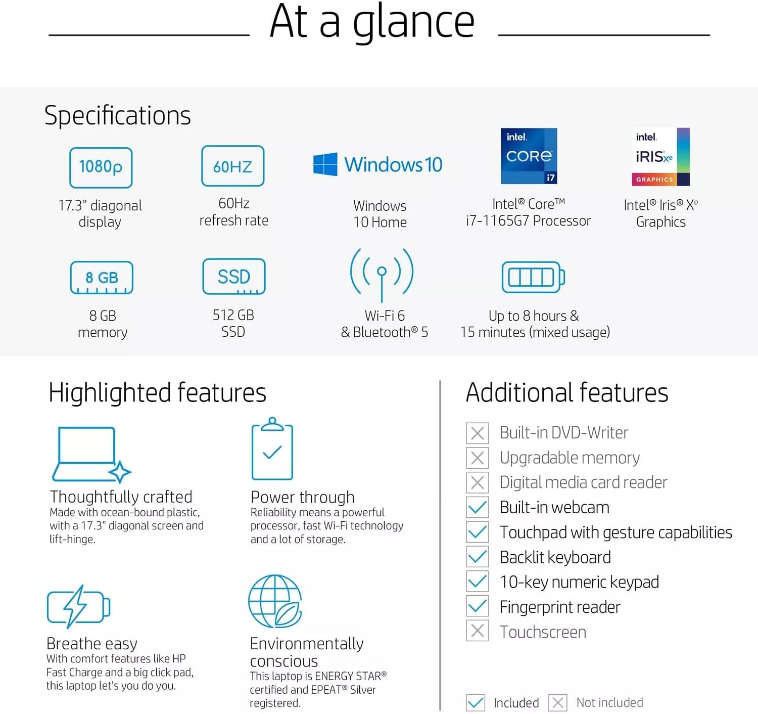 HP 2022 17.3" Full HD IPS Premium Laptop | 11th Generation Intel Core i7-1165G7 | Intel UHD Graphics | 8GB DDR4 | 512GBSSD | Windows 10 Home | Silver |