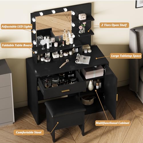 GAOMON Vanity Desk with Mirror and Lights, Makeup Vanity with Drawer, 3 Level Cabinets & 3 Tiers of Open Shelves, Bedroom Dressing Table, White