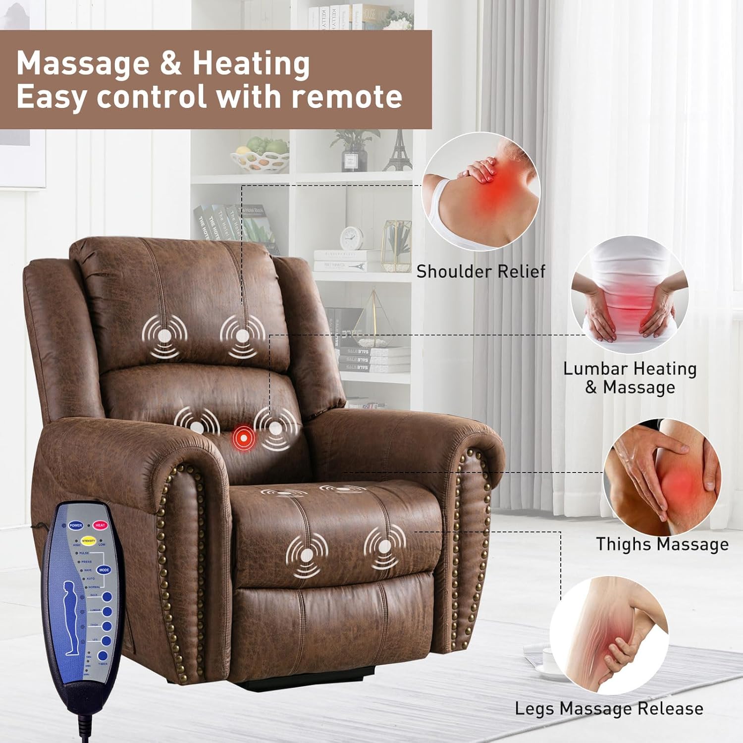 Phoenix Home Power Lift Chair for Elderly Leather Electric Reclining Oversized Sofa with Massage & Heating, USB Ports, Side Pocket, Large, Brown