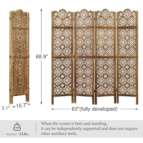5.75Ft Room Divider Wood Carved Wall Divider Indoor Folding Portable Partition Screen for Home Office Garden Terrace - 4 Panel (Antique Brown)