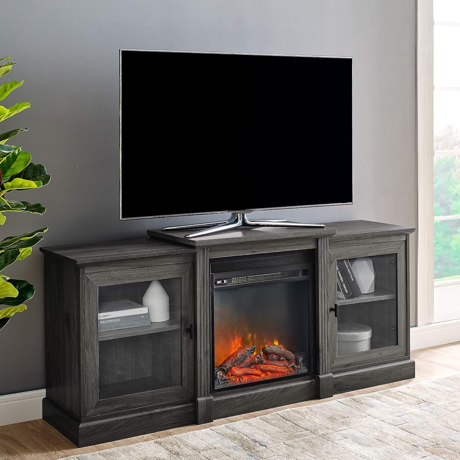 Walker Edison Alcott Classic Glass Door Fireplace Corner TV Stand for TVs up to 55 Inches, 48 Inch, Espresso