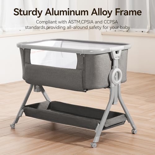 3 in 1 Baby Bassinet Bedside Sleeper, Breathable Mesh Safe Bedside Bassinet for Baby, Easy Assemble & Folding Portable Bassinet, 5 Height Adjustable Bedside Crib with Storage Basket, Mattress, Wheels