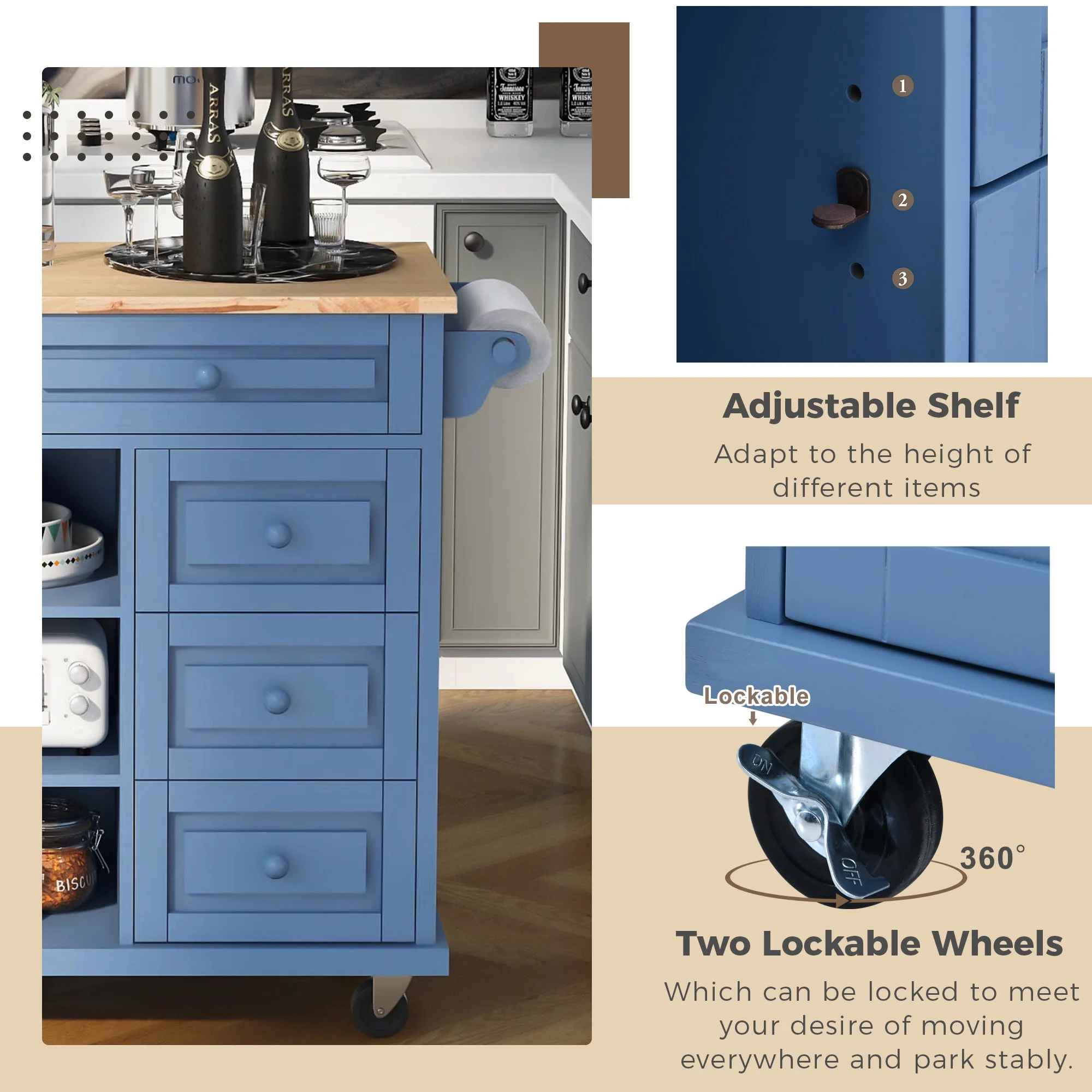 Hombay Mobile Kitchen Island Cart with Doors Drawers, Rolling Sideboard Storage Cabinet Trolley, Towel Holder, Spice Rack with Lockable Wheels