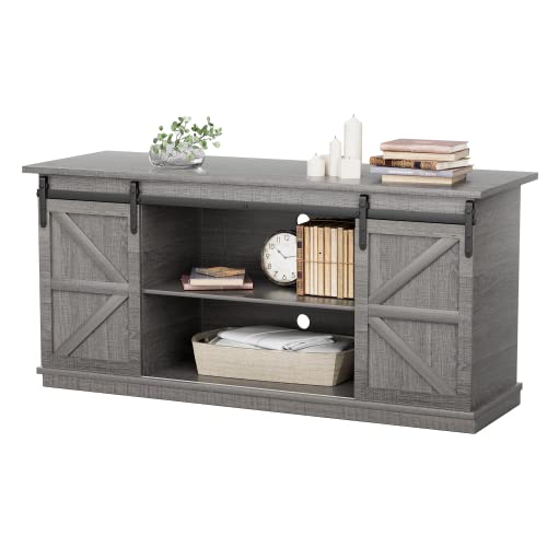 YESHOMY Farmhouse TV Stand for Televisions up to 65 Inches, Sliding Barn Doors and Storage Cabinets, Console Table and Media Furniture for Living Room, 58 Inch, Milk White