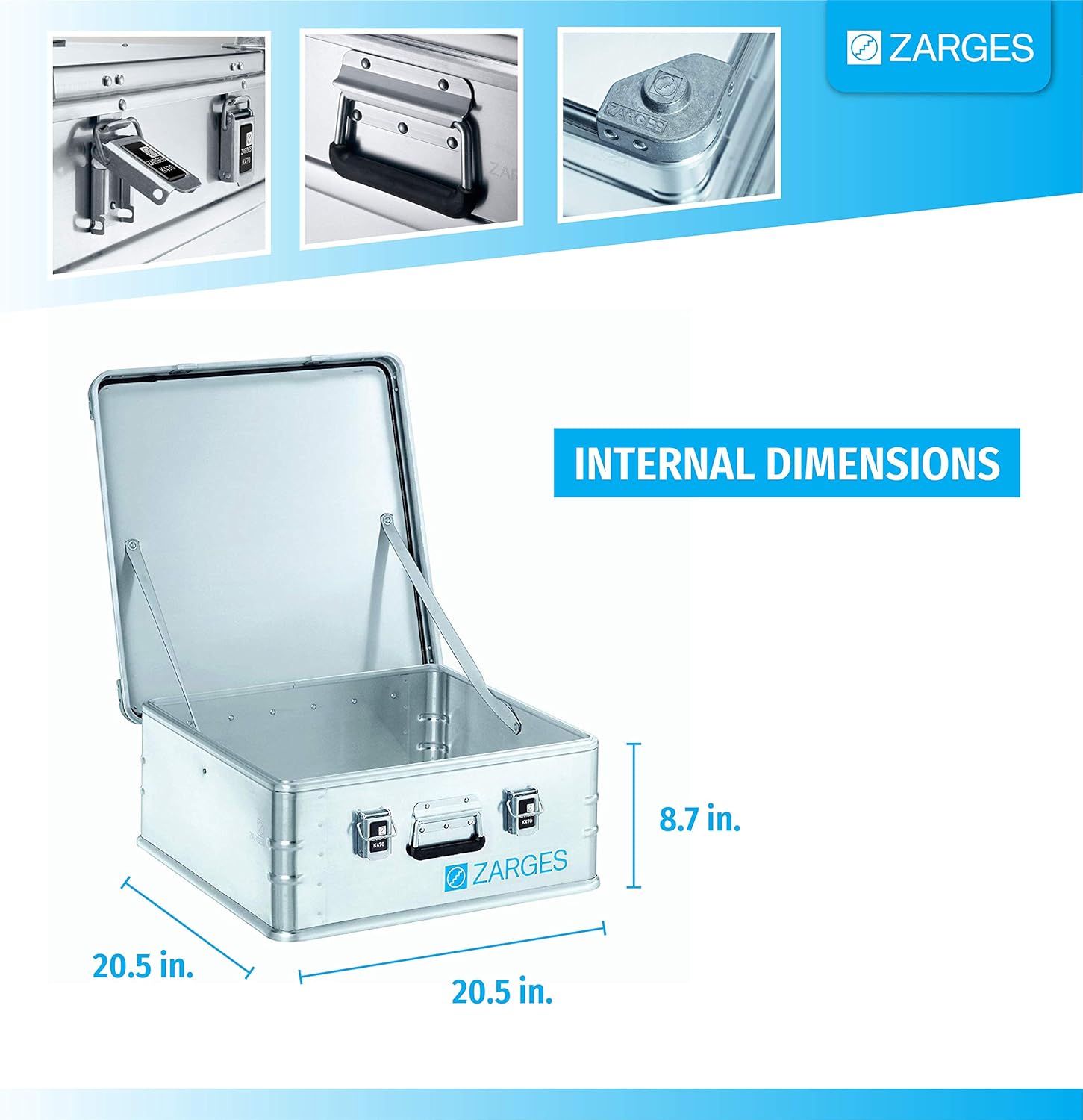 Zarges?K470 Aluminum Hard Protective Carrying Case, Portable Stackable Storage, Customizable Safe Lock Box, Dust and Water Resistant (44.1 x 28.3 x 18.9 Inches)