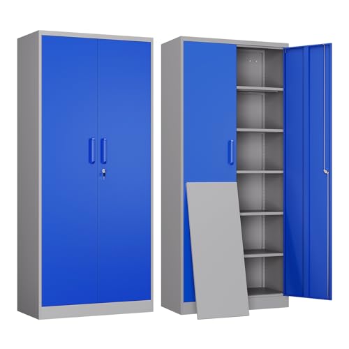 Yizosh Metal Garage Storage Cabinet with 2 Doors and 5 Adjustable Shelves - 71" Steel Lockable File Cabinet,Locking Tool Cabinets for Office,Home,Garage,Gym,School (Gray White)