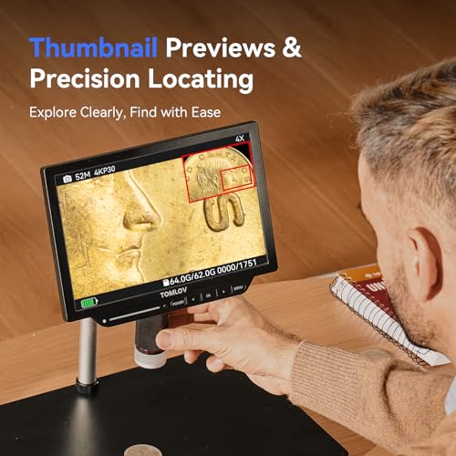TOMLOV TM4K Max 4K Digital Microscope 2000x, 52MP Spin Arm Soldering Microscope for Adults, 10.1" HDMI Electronics Repair Microscope with Ring Light, Larger Base LCD Coin Microscope Full View, 64GB