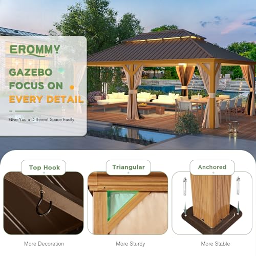 EROMMY 14'x20' Hardtop Gazebo Double Roof Galvanized Steel Canopy Outdoor Aluminum Frame Permanent Metal Pavilion with Netting and Curtains for Patio Backyard Deck and Lawns