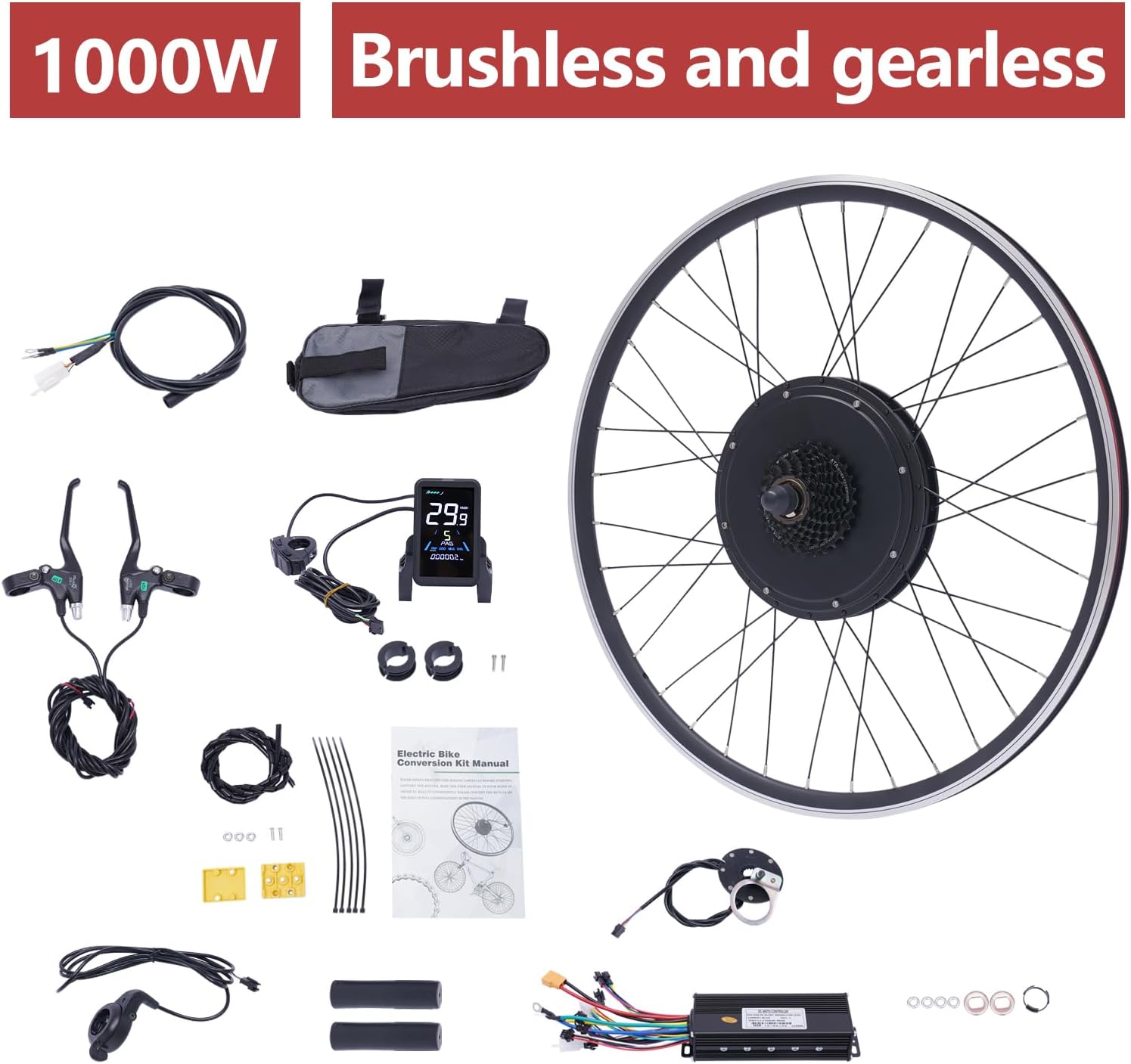 E-Bike Rear Wheel Conversion Kit, 48V 1000W Electric Bicycle Conversion Kit E-Bike Motor Kit with LCD Display, 700C Rear Wheel Powerful Motor E-Bike Conversion Kit 5 Gears Controller