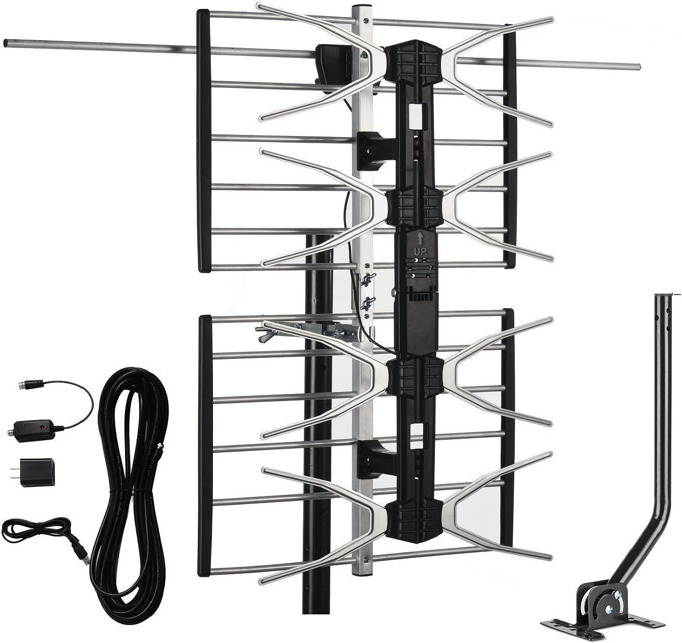 AirDiff HDTV Digital Outdoor Antenna Amplified 150 Miles Long Range - UHF/VHF Signals/Hardware Mounting Pole/ 40 Feet RG6 Coaxial Cable/Easy Install