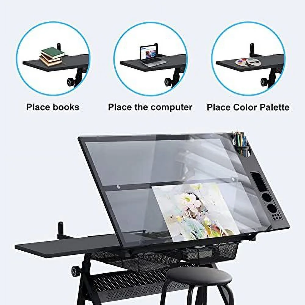 KBANZIBIU Height Adjustable Drafting Tables  Glass Drawing Art Table  Tilting Tabletop Paintings Work Station  Table Chair Chair-2  Drawer for Reading Writing Art Craft Work Station (Blac