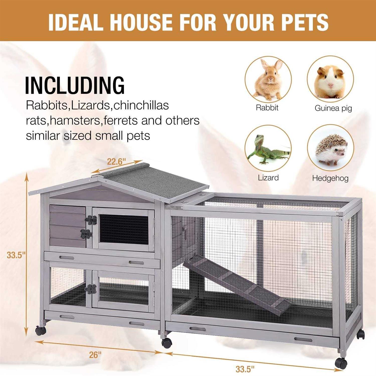 GUTINNEEN Bunny Cage Indoor and Outdoor Rabbit Hutch with Casters Waterproof Roof, Pull Out Tray from Back and Front - Pet Supplies online store