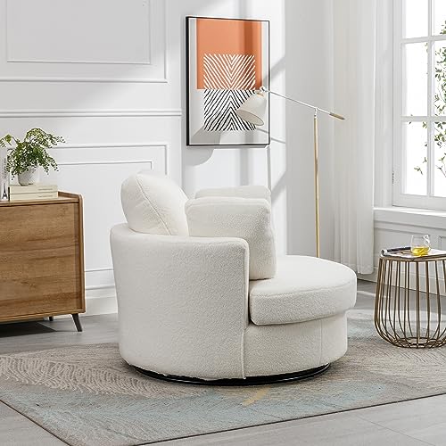 42.2" W Swivel Accent Barrel Chair and Half Swivel Sofa with 3 Pillows 360 Degree Swivel Round Sofa Modern Oversized Arm Chair Cozy Club Chair for Bedroom Living Room Lounge Hotel,Ivory Sherpa