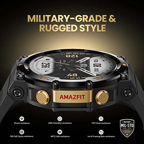 Amazfit T-Rex 2 Rugged Smart Watch, Military Certified, GPS, 24-Day Battery Life, Heart Rate, VO2, SPO2 Monitoring, Pacer, Altitude, 10 ATM Water-Resistant, Sleep Monitoring (Black)
