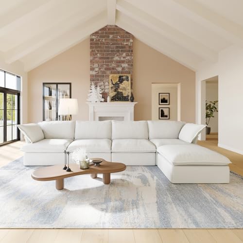 Cloud Modular Sectional Sofa with Storage Ottoman,165.2" Down Filled Comfort U Shaped Sofa Couch for Living Room,Minimalist Wide Deep Seat Convertible Couches (4 Seater and 2 Ottoman,Beige)