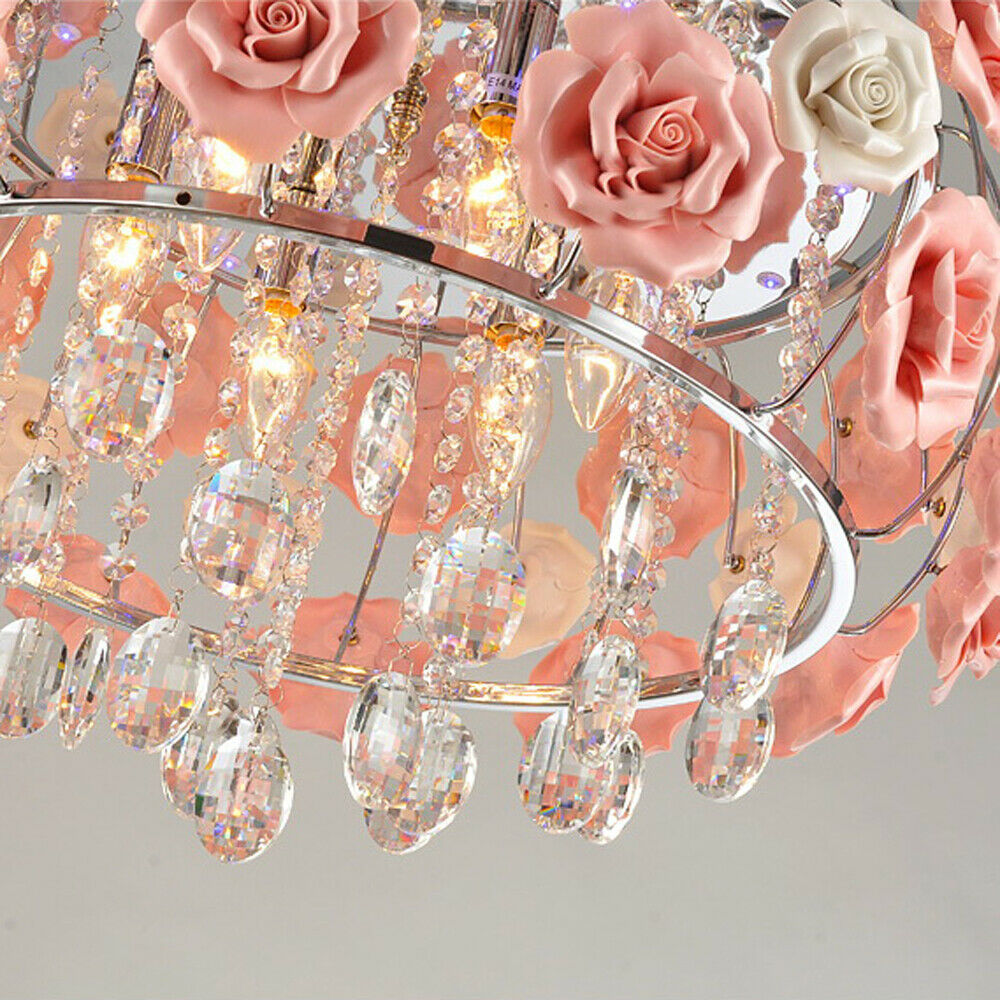 Ceiling Light Romantic Pink Rose Flower Chandelier Crystal Pendant Lamp E12/E14 for Bedroom, Dining Room or Living Room Adjustable Ceiling Lamp/Pendant Lamp