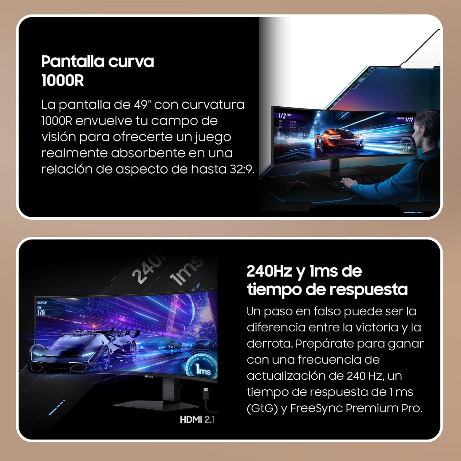 Samsung Odyssey G9 49'' 240Hz 1ms Curved VA Panel 1000R, DWQHD Resolution: 5120 x 1440, 2500:1, AMD FreeSync Premium Pro, Auto Source Switch+, Adjustable Stand, DisplayPort, LS49CG954EUXEN