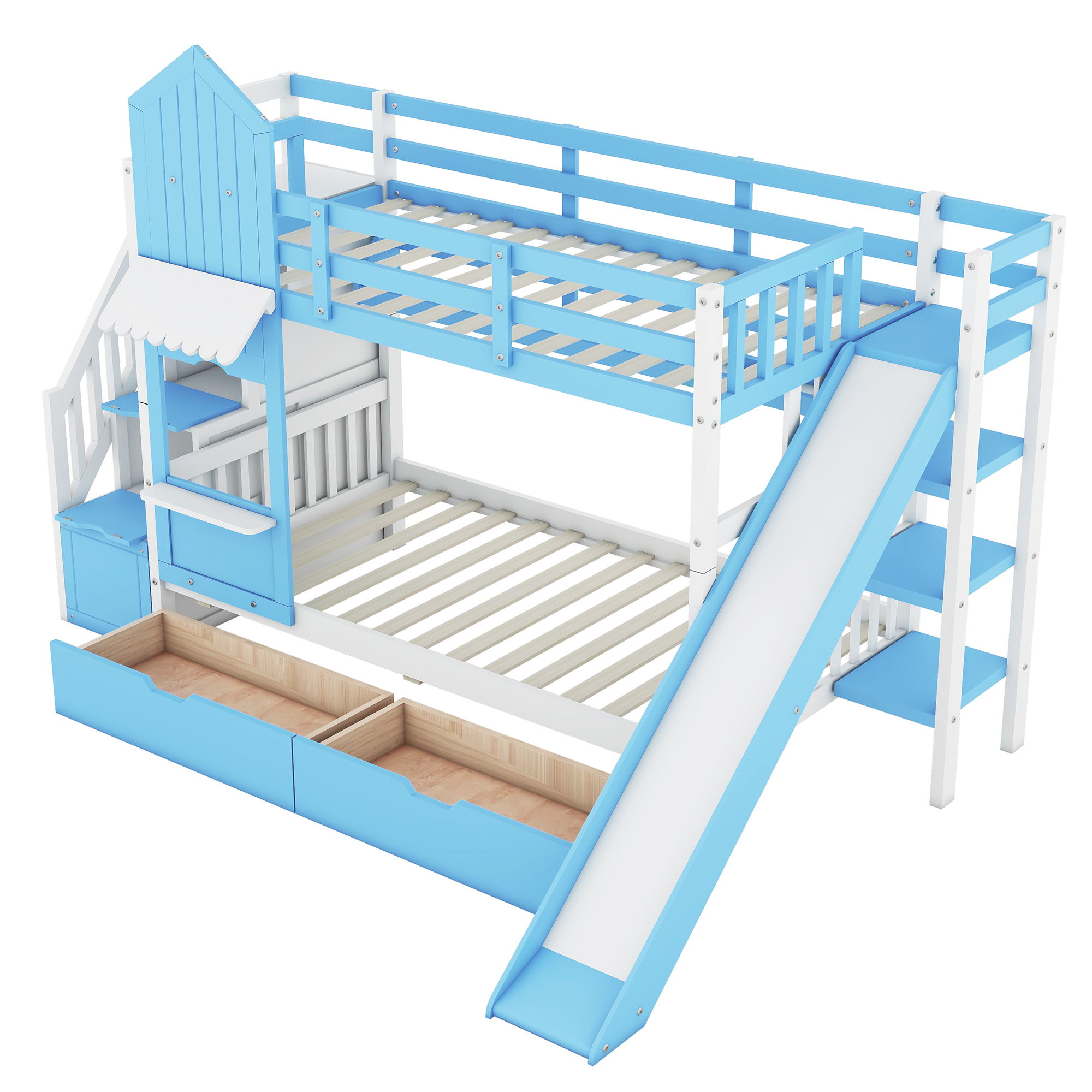 Blue Castle-Themed Twin Bunk Bed with Slide, 2 Drawers & 3 Shelves for Kids' Room