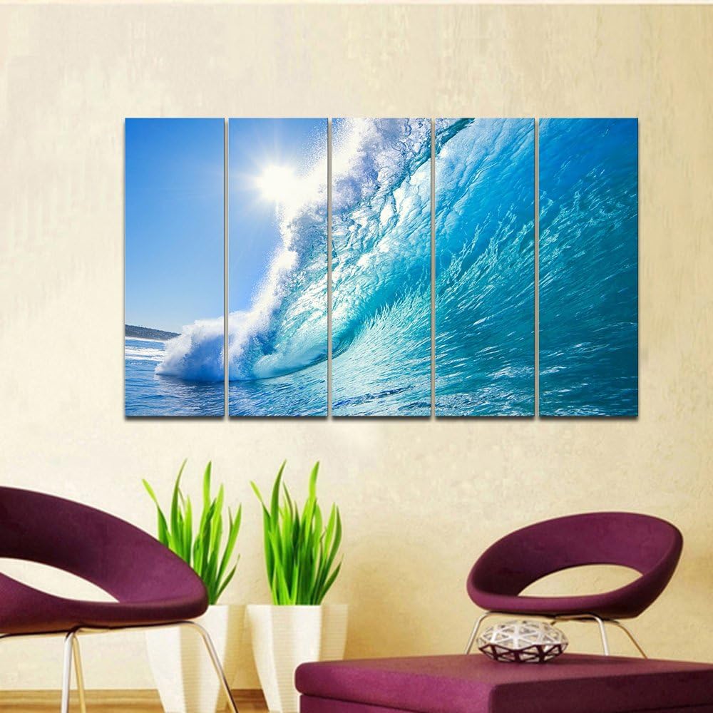 Wieco Art Sea Waves Large 5 Piece Modern Framed Giclee Canvas Prints Seascape Artwork Ocean Beach Pictures Paintings on Canvas Wall Art Ready to Hang for Living Room Bedroom Home Office Decorations