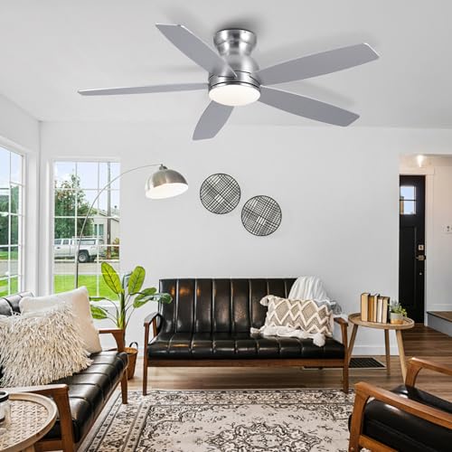 52 Inch Low Profile Ceiling Fans with Lights, Black Flush Mount Ceiling Fan and Remote, 3 Color LED Dimmable DC Reversible Modern Ceiling Fan for Living Room, Bedroom, Dining Room.