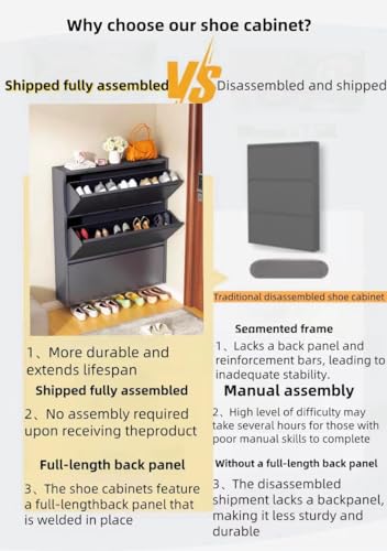 Shoe Cabinet Storage for Entryway,No-Assembly Large Shoe Rack Cabinet with 3 flip Drawers,Hidden Narrow Metal Freestanding Shoe Organizer for Living Room, Bedroom and Garage,Wall Mounted,black, Grey