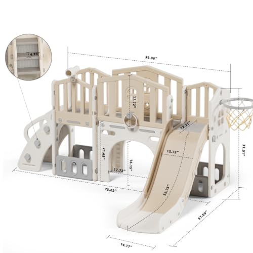 KORIMEFA 8 in 1 Toddler Slide Set, Kids Slide for Toddlers Age 1-3, Toddler Climber Slide PlaySet with Basketball Hoop,Outdoor Indoor Playground for Toddlers 1-3, Gray