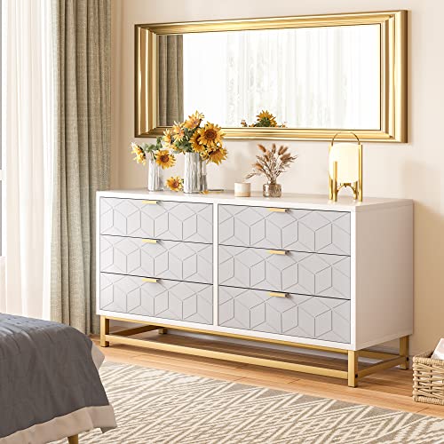 Senfot White 6 Drawer Dresser for Bedroom, Modern Dressers & Chests of Drawers, Wood Dresser Chest Organizer with Metal Legs, Large Drawers for Bedroom, Hallway