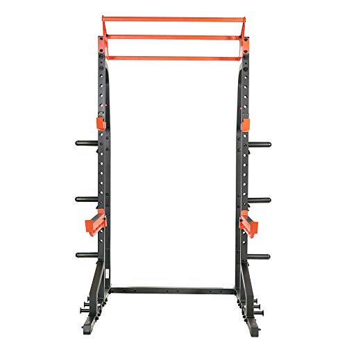 Sunny Health & Fitness Power Zone Half Rack Heavy Duty Performance Power Cage with J-Hooks, Adjustable Pull Up Bar Optional Bench with Dumbbell Rack, Premium Incline Bench, LAT Pull Down Attachment
