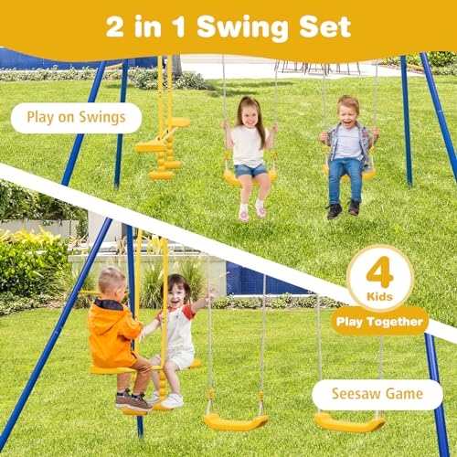 Costzon 440 lbs Swing Sets for Backyard, 3-in-1 Heavy Duty Extra Large Metal Swing Frame w/A-Shaped Stand, Swing, Glider, Gym Rings, Play Equipment for Indoor Outdoor Gifts Kids Toddlers