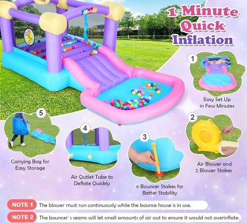 Pink Inflatable Bounce House for Kids 2-8 with Ball Pit & Slide, Indoor Jumpy Bouncy House w/440W Blower, 50 Ocean Balls, 6 Sticky Darts, Basketball, Toddler Bounce House Water Slide for Kids Backyard