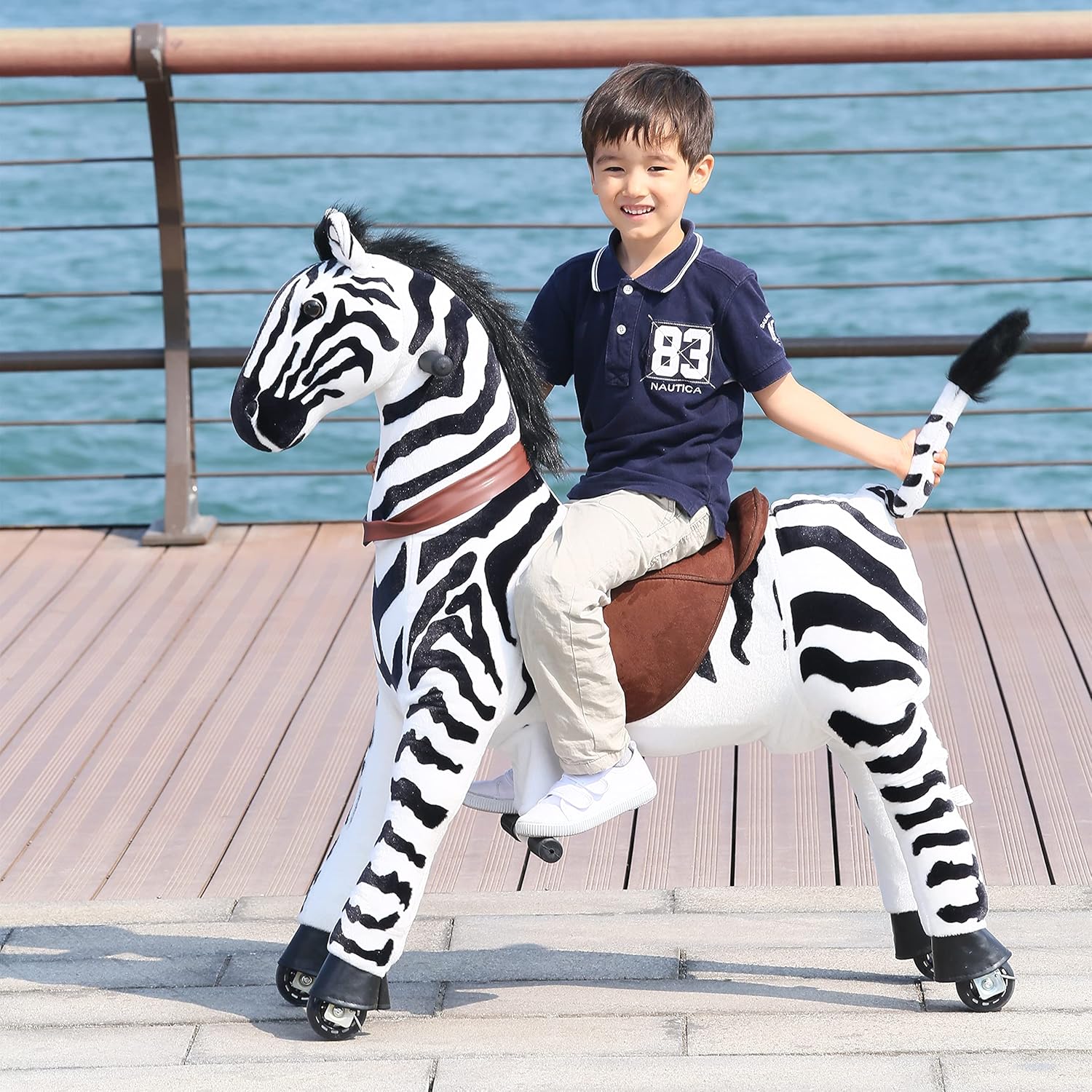 Gidygo Kids Ride on Zebra Riding Horse Toy Pony Rider Mechanical Walking Action Plush Animal Riding Toy for Children for 5-12 Years Old