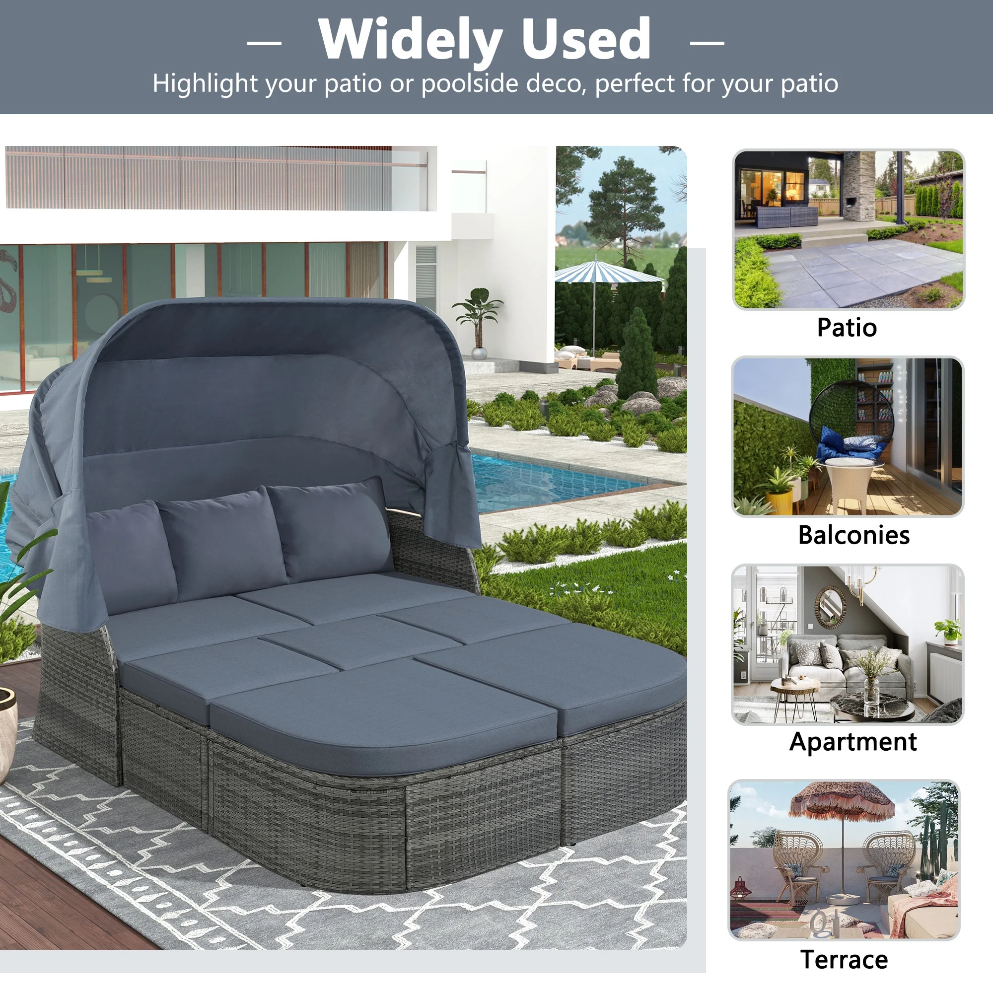 Holaki Outdoor Patio Rectangle Daybed with Retractable Canopy, Wicker Furniture Sectional Seating with Washable Cushions, Gray