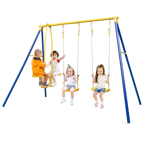 Costzon 440 lbs Swing Sets for Backyard, 3-in-1 Heavy Duty Extra Large Metal Swing Frame w/A-Shaped Stand, Swing, Glider, Gym Rings, Play Equipment for Indoor Outdoor Gifts Kids Toddlers