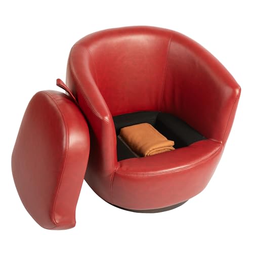 360° Swivel Barrel Chair with Hidden Storage, Modern Upholstered PU Leather Swivel Accent Chair with Pillow, Comfy Single Armchair for Living Room Bedroom, Light Beige
