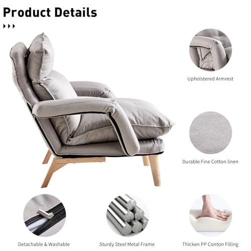 Linen Accent Chair with Ottoman, Adjustable Lounge Chair with Footstool and Soft Cushion, Leisure Sofa Armchair with Wooden Legs, Comfy Relaxing Chair for Lounge, Living Room, Office (Gray)