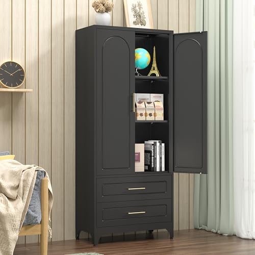 Metal Storage Cabinet with Doors and Shelves, 71 Inch Tall Kitchen Pantry Cabinet, Pantry Cabinets for Kitchen Storage, Freestanding Cupboard for Living, Dining Room, White, Assembly Required